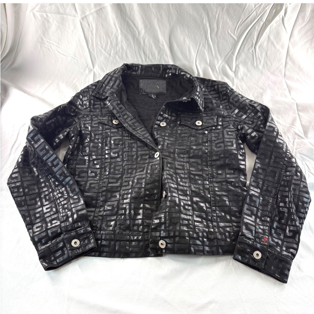 Guess Jeans Glamour Womens Black Monogram G Logo Metallic Denim Trucker Jacket L